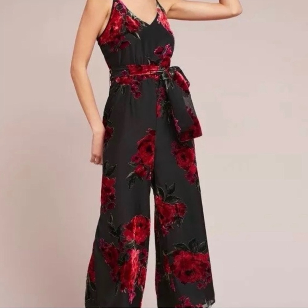 Anthropologie Ettwa Velvet Floral Jumpsuit – Black | XS | Good